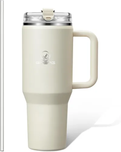 Vista 20 de Gpeng 30/40/50 oz Vaso con asa, botellas de agua con tapa de popote, taza de viaje de acero inoxidable aislada compatible con portavasos, mantiene