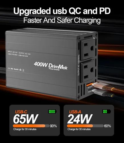 Vista 3 de 400 W Inversor de corriente para automóvil - Adaptador de enchufe de toma doble CC 12 V a 110 V CA, puerto USB C de carga rápida 65 W y 24 W