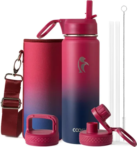 Vista 62 de Coolflask Botella de agua de 20 onzas aislada con pajilla, 3 tapas de metal de acero inoxidable, botella de agua de boca ancha para deportes u