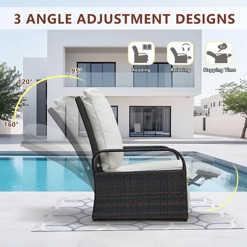 Vista 3 de Silla reclinable de aire libre para patio, resina de mimbre con cojines amortiguadores, auto ajustable, sofá de ratán, UV/Fade/Resistente al Mimbre