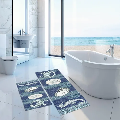 Vista 6 de GUBIYU Juego de 2 tapetes de cocina para el piso, diseño de cangrejo azul, submarino, duradero, náutico, océano, animales, lavable, juego