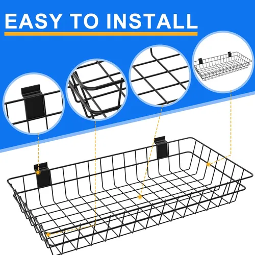 Vista 4 de Paquete de 4 cestas de pared de listones extra grandes, 24 x 12 x 4 pulgadas, cesta de alambre colgante para pared de PVC con listones de metal
