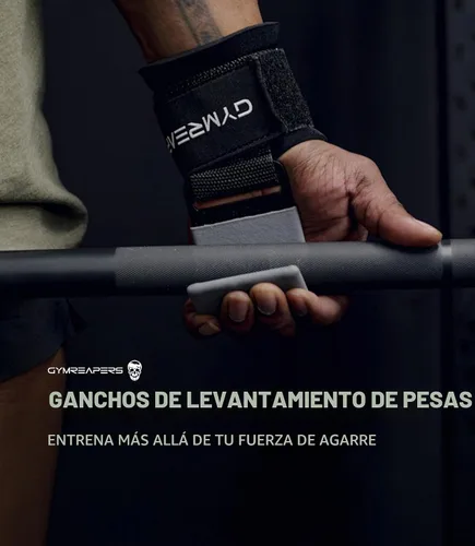 Vista 2 de Ganchos para levantamiento de pesas Gymreapers (par), correas de muñeca de potencia resistentes con soporte de agarre para la mano