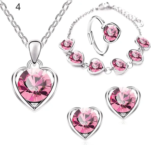 Vista 2 de 4 piezas elegantes para collar, pendientes, pulsera, anillo ajustable para mujer, collar con colgante de corazón de diamantes de imitación, juego