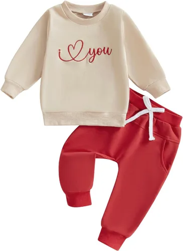 Vista 11 de Conjunto de sudadera con estampado de letras para el día de San Valentín para bebé, niño, niña, ropa de primavera 1 Rojo Gris