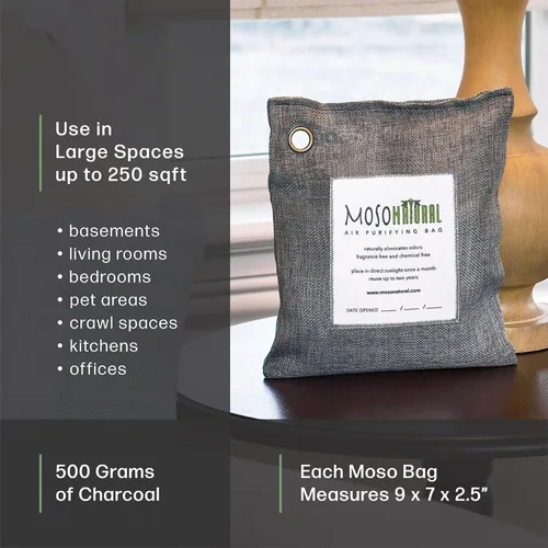 Vista 4 de Moso Natural Bolsa purificadora de aire de 17.64 oz (paquete de 2) absorbente de olores de carbón de bambú prémium para el hogar, dormitorio
