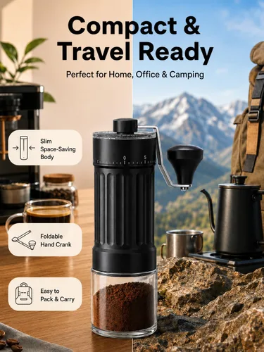Vista 3 de Molinillo de café manual con rebabas de cerámica, 40 ajustes ajustables para expreso, V60, verter, campamento y viajes