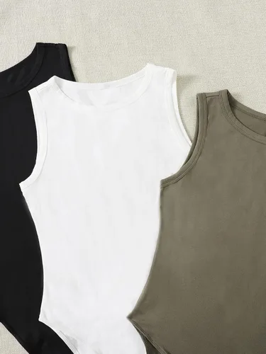 Vista 4 de Milumia Conjunto de 3 mamelucos sin mangas para mujer, cuello redondo, ajustados