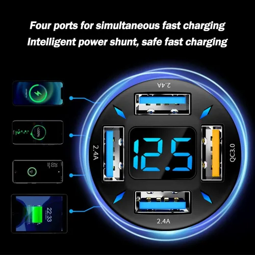 Vista 4 de Cargador de automóvil de 66 W de carga súper rápida con USB 2.4A y QC 3.0 (voltímetro y luces LED), carga rápida universal para enchufe