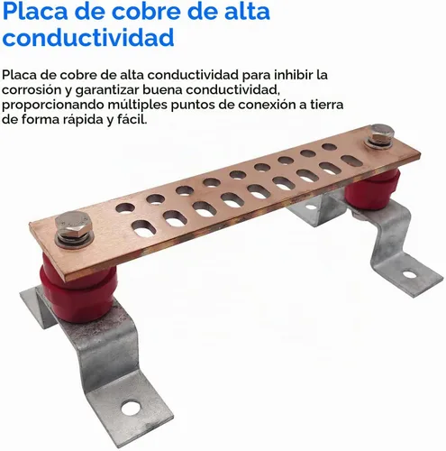 Vista 3 de Barra colectora de cobre para tierra, kit de barra de tierra multiusos de 10 x 2 pulgadas x.25 pulgadas con 18 posiciones de terminal de 0.41