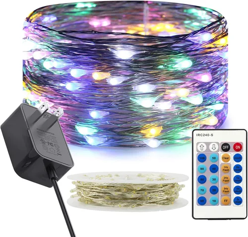 Vista 10 de RUICHEN Guirnalda de luces regulables enchufables de 33 pies, 100 luces LED de alambre plateado con control remoto, color naranja