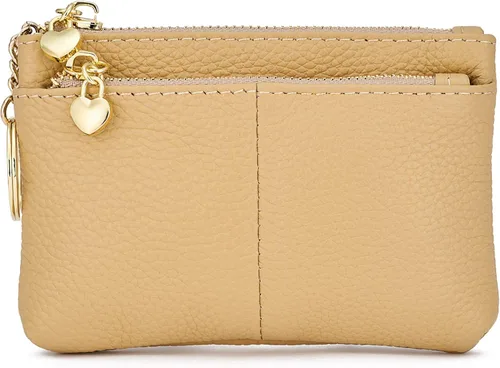 Vista 7 de Mini monedero con cremallera de cuero genuino para mujer, con llavero con triple cremallera, tarjetero Negro