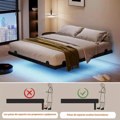 Vista 4 de qimamo Marco de Cama Flotante Full de 10 Pulgadas con Luces LED Inteligentes y Estación de Carga, Marco de Cama Full de Metal Moderno, Fácil