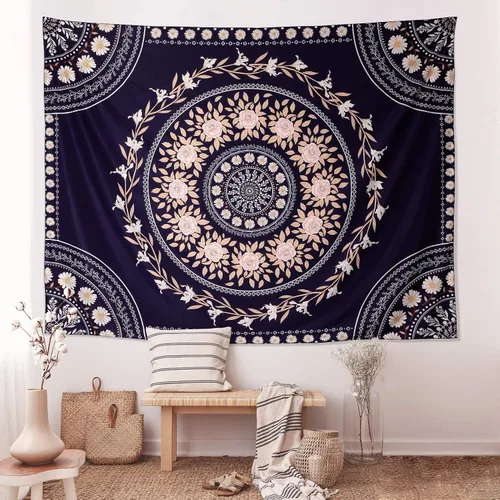Vista 3 de FLY SPRAY Tapiz estético de mandala, tapices bohemios para colgar en la pared, tapiz de medallón floral de rosa oscura, arte de pared bohemio