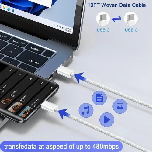 Vista 4 de Cargador iPhone 16 15, paquete de 2 bloques de cargador PD USB C de carga rápida, enchufe de pared con cable de carga USB C a C de 3.05 m de largo