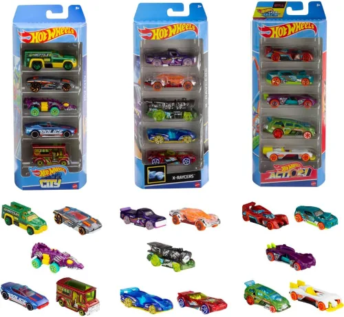 Vista 8 de Coches y Camiones de Juguete Hot Wheels, Juego de Pista con 15 Piezas, 3 Paquetes Temáticos Diferentes de 5 Vehículos a Escala 1:64