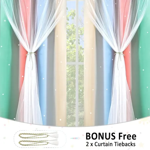 Vista 6 de Cortinas opacas con recorte de estrellas y arcoíris para guardería/habitación de niños/niñas, con superposición de tul, 2 paneles, cada una de 52