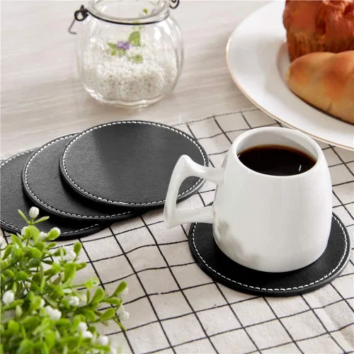 Vista 4 de Posavasos de cuero con soporte, protegen los muebles de daños (6 unidades, negro)