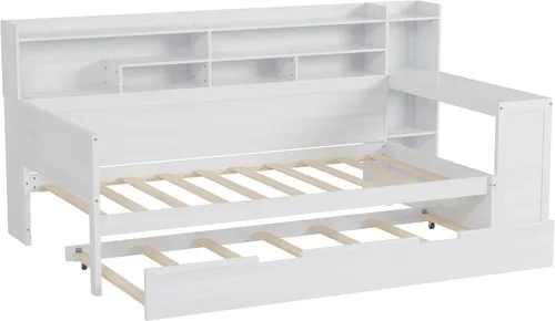 Vista 8 de Polibi Cama diurna de madera tamaño twin con estantes de almacenamiento, escritorio integrado y cama nido tamaño twin, cama multifuncional
