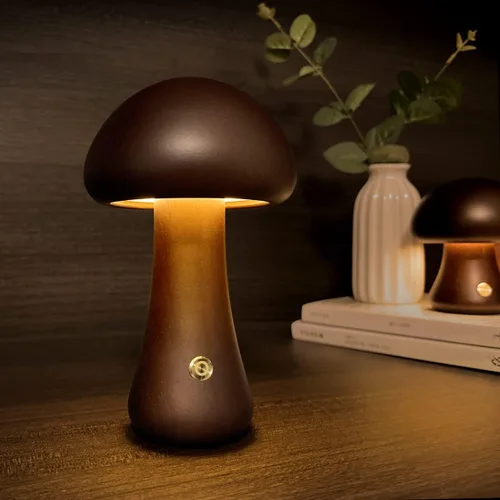 Vista 10 de Lámpara única pequeña de madera con forma de hongos, decoración de setas, lámpara de noche, lámpara de hongo recargable para decoración del hogar