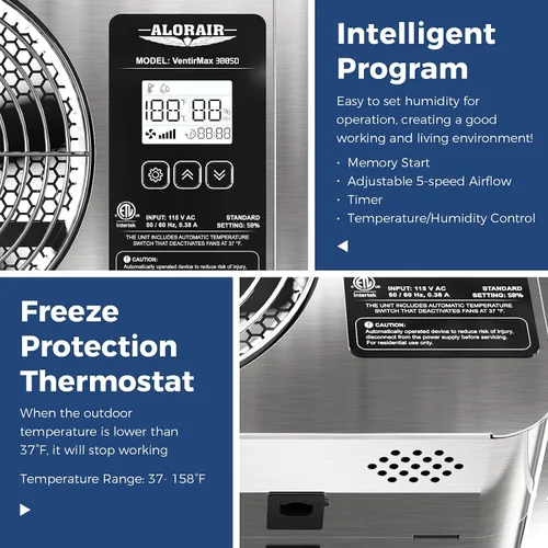 Vista 3 de ALORAIR Ventilador de espacio de arrastre de 300 CFM con humidistato