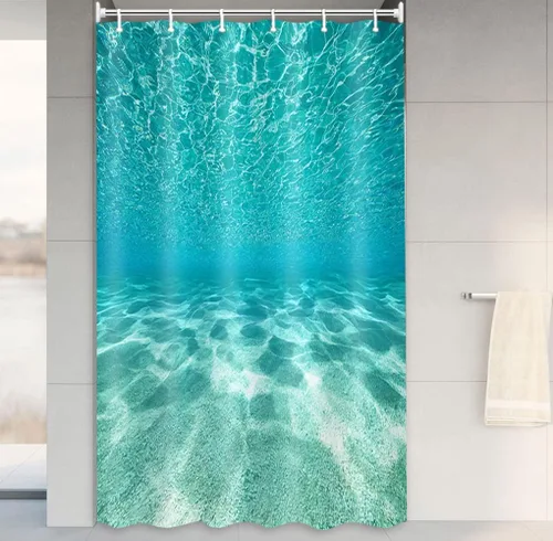 Vista 12 de MERCHR Cortina de ducha de playa azul océano, naturaleza bajo el agua, escena del mundo del mar, cortinas de baño, tela impermeable, 36 x 72 pulgadas