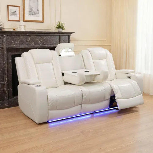 Vista 21 de Sofá reclinable con luces LED, sofá reclinable de cuero con dos asientos reclinables/puerto USB/consola de almacenamiento/soporte para vasos