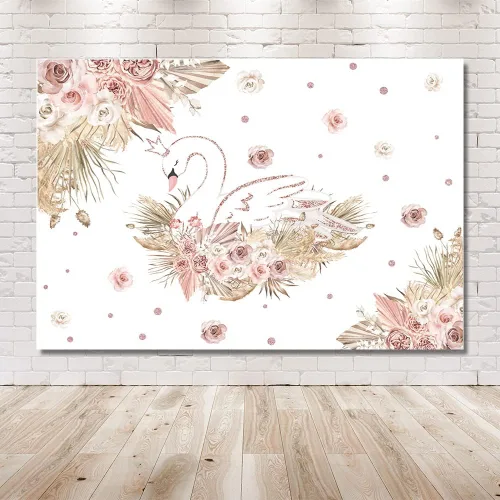 Vista 6 de MEHOFOND Telón de fondo bohemio de cisne, hierba de las pampas, color oro rosa, para baby shower, fiesta, fotografía, fondo de fotografía de flores