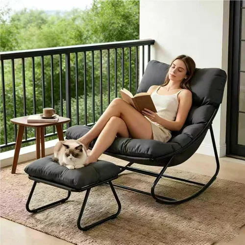 Vista 9 de Mecedora para interiores, cómoda silla de patio, mecedora con otomana y marco de metal resistente, sillas de balcón con cojín grueso, silla mecedora