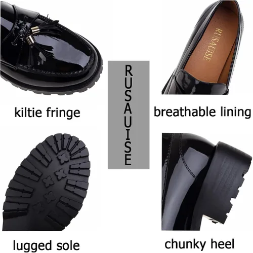Vista 7 de RUSAUISE Mocasines gruesos de piel de charol para mujer, mocasines casuales con plataforma