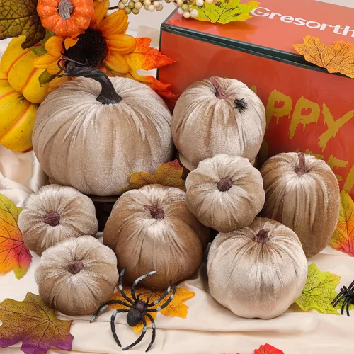 Vista 6 de Gresorth 8 calabazas artificiales de terciopelo champán hechas a mano de varios tamaños, decoración de Halloween para el hogar, cocina, granja