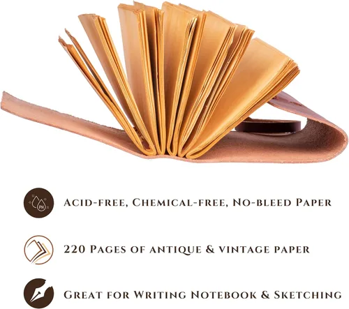 Vista 3 de LEATHER VILLAGE Diario encuadernado en cuero, negro, 7 x 5 pulgadas, 220 páginas, diario vintage de papel en blanco para escribir, dibujar, cuaderno