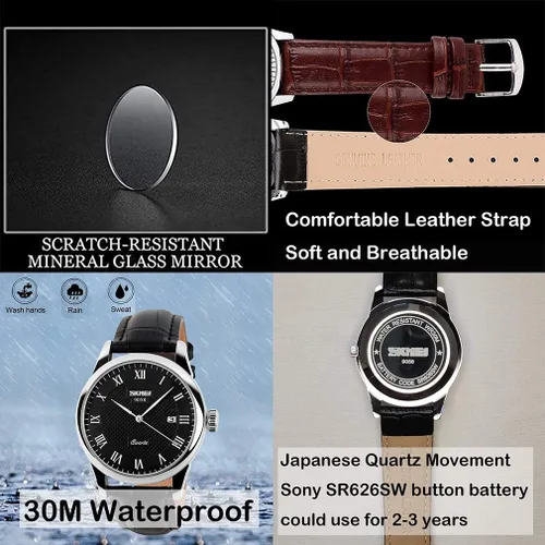 Vista 3 de SKMEI Reloj para hombres de negocios vestido clásico de moda casual negro cuero cuarzo analógico impermeable calendario fecha luz simple relojes