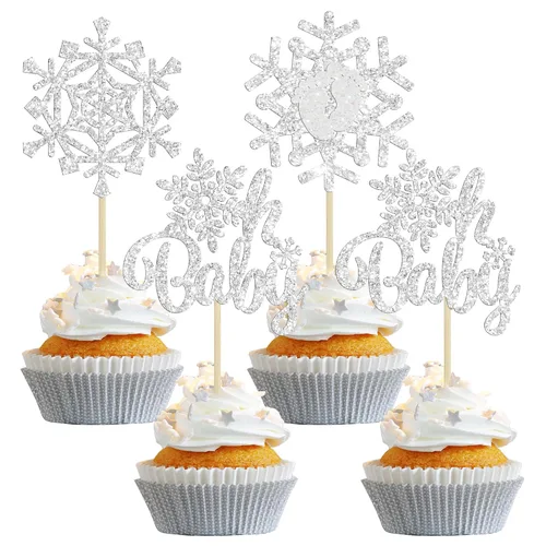 Vista 17 de Gyufise 24 piezas de copos de nieve Oh Baby Cupcake Toppers Glitter Winter Frozen Baby Shower Cupcake Picks para invierno, país de las maravillas