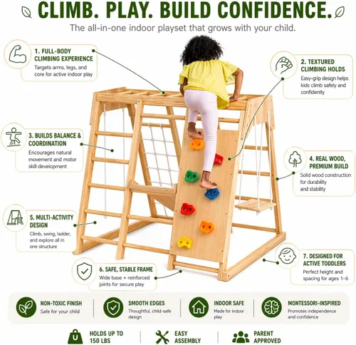 Vista 5 de Avenlur Magnolia Zona de juegos para interiores 7 en 1, gimnasio de la selva para niños de 2 a 6 años - Tobogán, pared de escalada, escalador