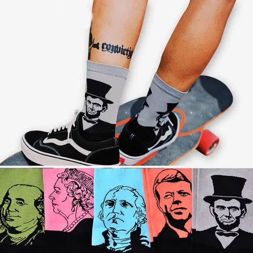 Vista 3 de HSELL Divertidos calcetines de vestir para hombre con diseños divertidos de algodón, Presidentes 6 Pares