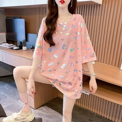 Vista 3 de Camiseta de manga corta con cuello redondo y estampado de vaca para mujer, de gran tamaño, diseño de Fairycore, para verano, estética Alt Streetwear