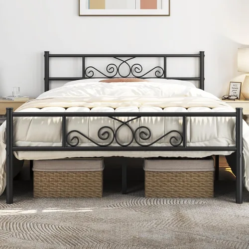 Vista 14 de Yaheetech - Base de cama, plataforma clásica de metal con cabecera y estribo - base de colchón con diseño floral para adultos, niñas, niños Negro