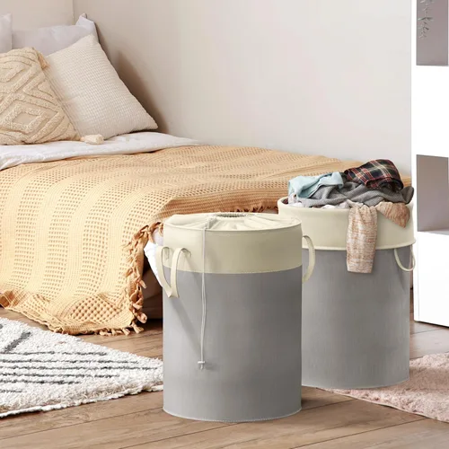Vista 9 de Simple Houseware Cesta de lavandería plegable de 74L, cesta redonda de algodón con cierre de cordón y asas, paquete de 2, color gris
