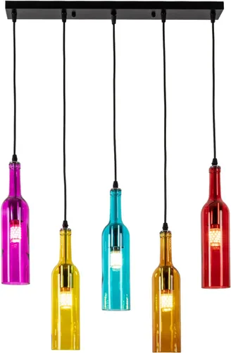 Vista 3 de Lámpara de techo industrial retro creativa con 5 luces para botella de vidrio, iluminación colgante de botella de vino de colores para cafetería