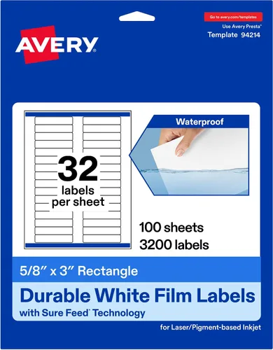 Vista 11 de Avery Etiquetas rectangulares blancas duraderas imprimibles, tecnología Sure Feed, 5/8 "x 3", etiquetas impermeables, compatibles con inyección