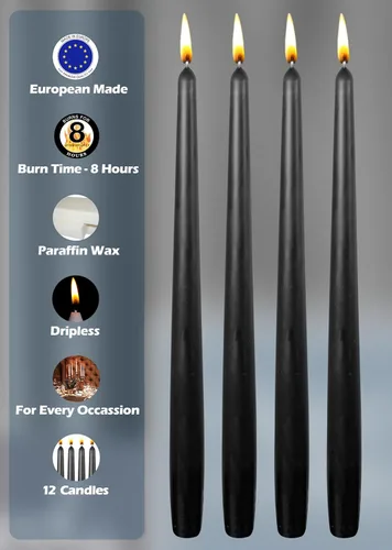 Vista 3 de Hyoola Paquete de 12 velas altas cónicas – Vela negra sin goteo de 10 pulgadas sin perfume – Cera de parafina con mechas de algodón – 8 horas