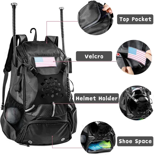 Vista 5 de Mochila de béisbol para jóvenes, niños, adultos, bolsa de equipo de bate y sóftbol con soporte para guantes, casco, compartimento para zapatos