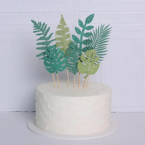 Vista 8 de 7 piezas de hojas tropicales con purpurina para tartas, plantas verdes de la selva, paletas, hojas de palmera, decoración de pasteles para verano