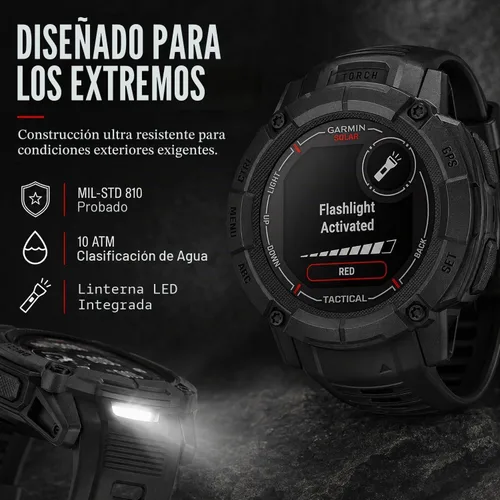 Vista 5 de Garmin Instinct 2X Solar - Edición táctica, carga solar, reloj inteligente GPS resistente, linterna integrada, calculadora de balística, paquete