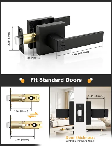 Vista 4 de Gobrico 1 paquete de manijas cuadradas de privacidad para puerta en acabado negro mate, manijas interiores sin llave, reversibles para puertas