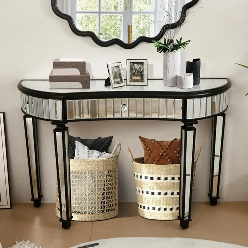 Vista 35 de Mesa Consola Negra con Espejo, Mesa de Sofá de Cristal Rectangular de 48 pulgadas con Elementos Tallados Vintage con Espejo, Muebles de Espejo