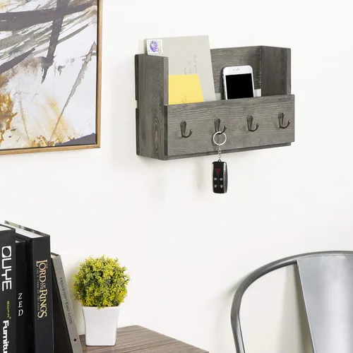 Vista 3 de Organizador MyGift de madera rústica, para pared, con 4 ganchos para llaves