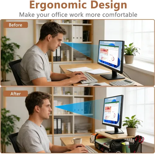 Vista 5 de Organizador de escritorio y accesorios para monitor, soporte para monitor con cajón (cajones de 2 niveles) con estante de almacenamiento lateral