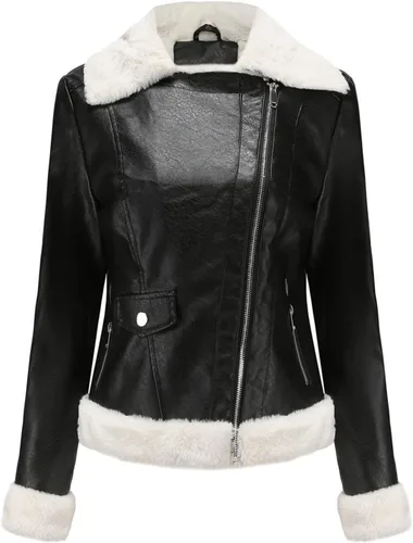 Vista 6 de Chaqueta de moto de piel sintética para mujer, abrigada y gruesa con forro grueso, chaquetas de motocicleta de cuero vegano a la moda